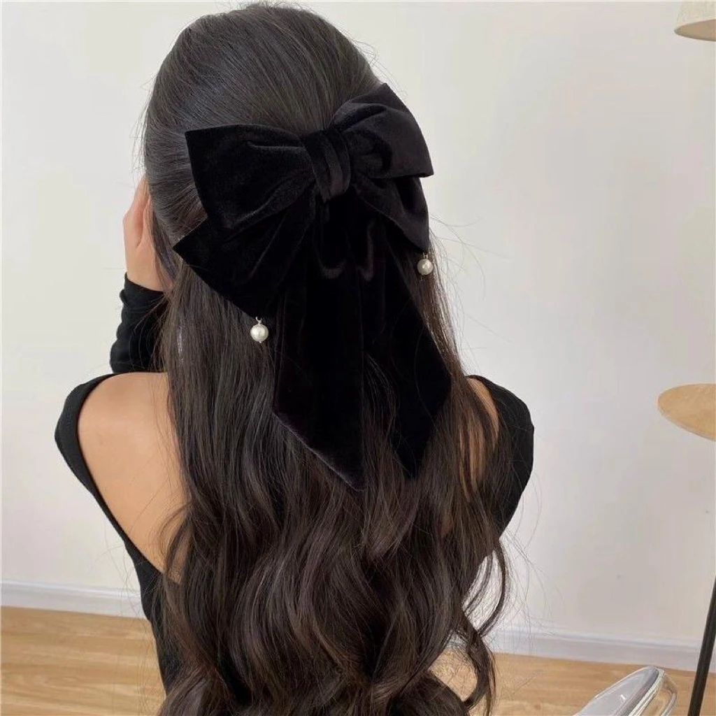 经典百搭款 黑色金丝绒飘带加大号双层飘带蝴蝶结横夹发夹发饰女
