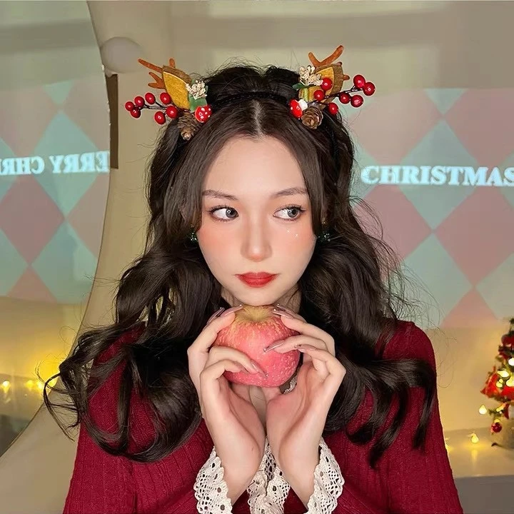 可爱圣诞颂~超仙鹿角发卡百搭发箍头饰森系节日装饰头箍毛球网红