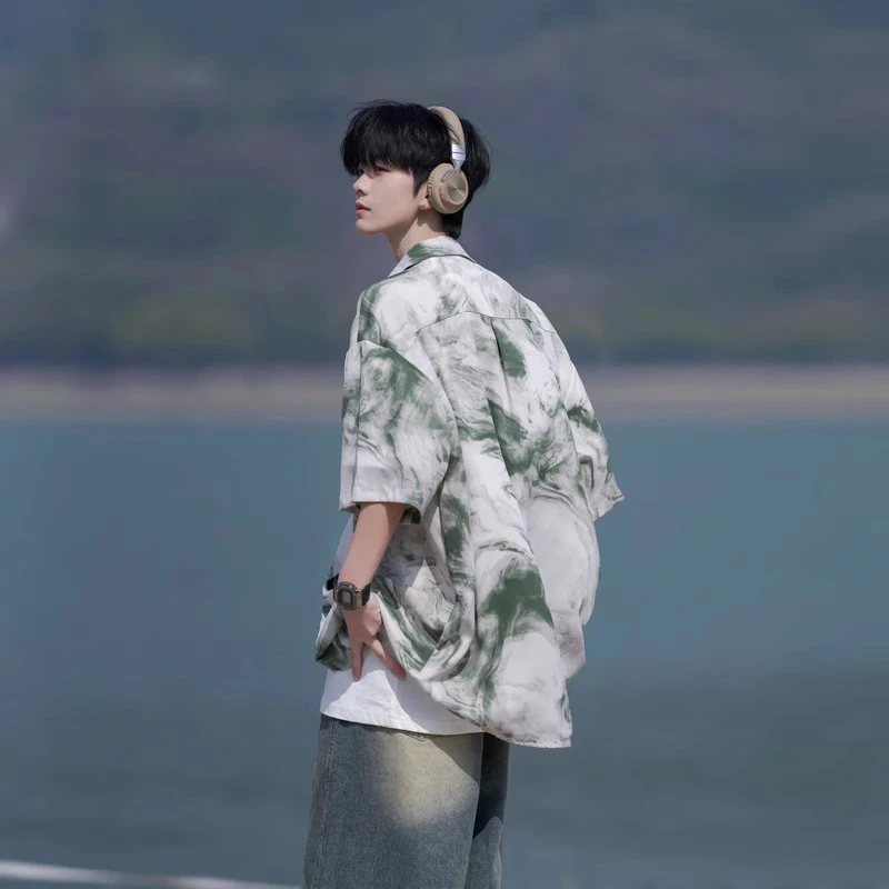 冰丝短袖衬衫男士夏季薄款扎染花衬衫潮牌慵懒风衬衣宽松翻领外套