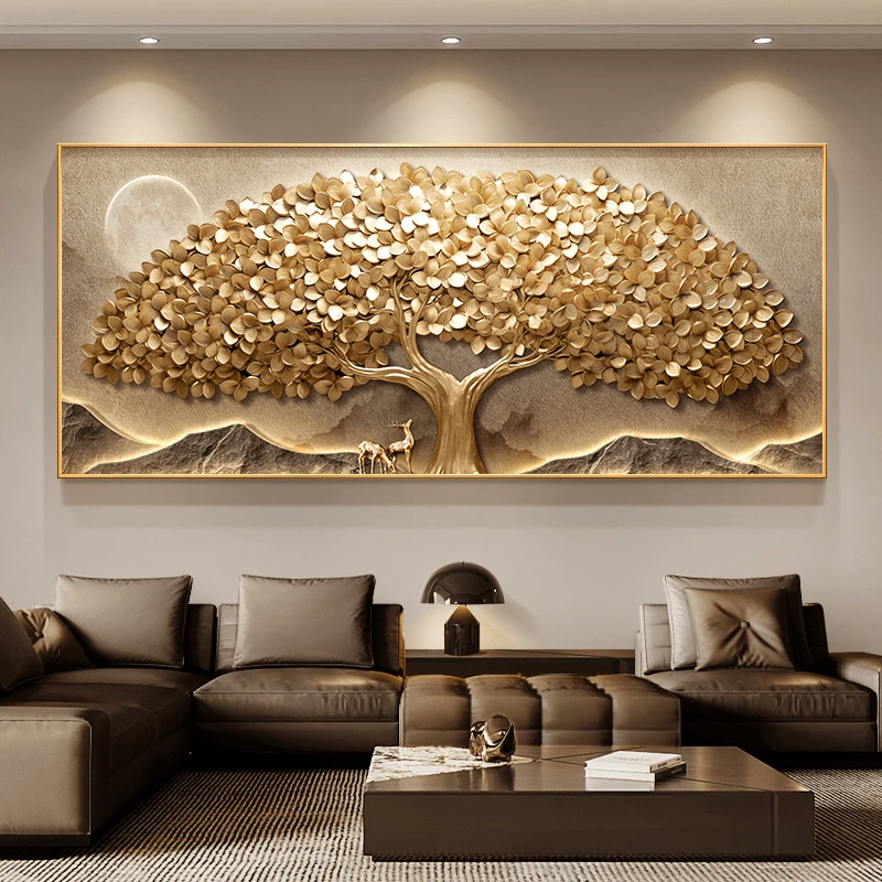 现代轻奢发财树客厅装饰画沙发背景墙挂画一整副寓意摇钱树墙壁画