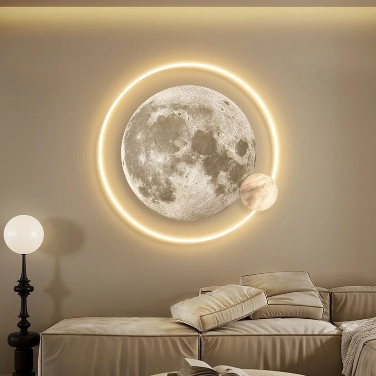 月球灯入户玄关装饰画轻奢发光led星球画客厅壁灯挂画卧室床头画
