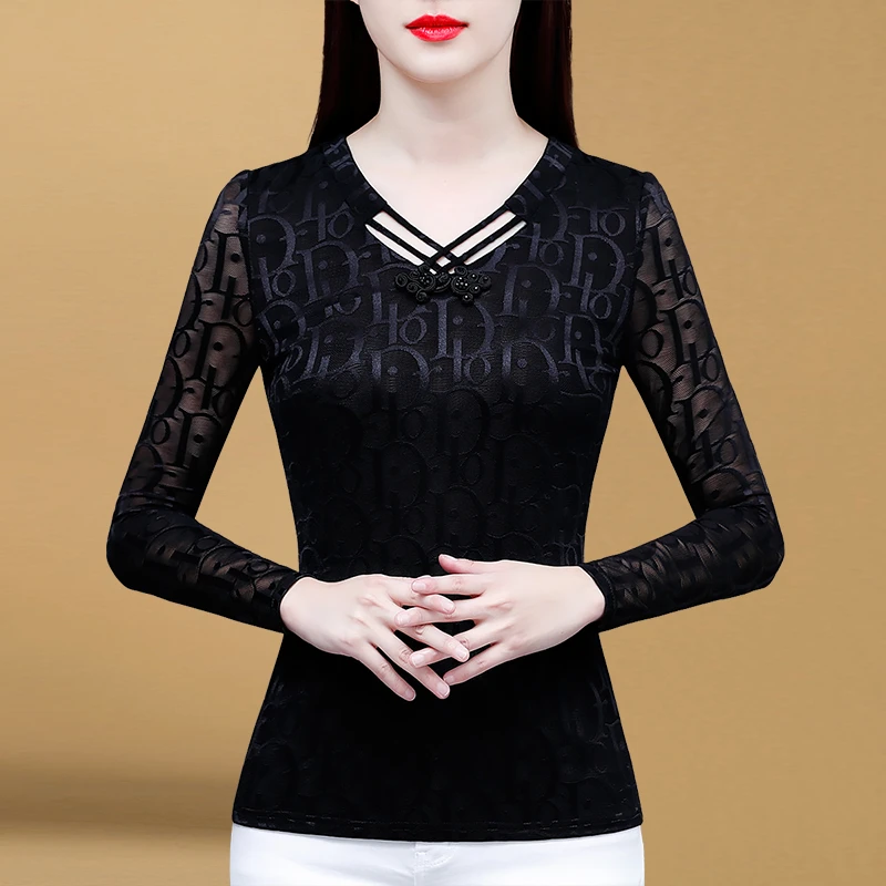 80127秋冬内搭上衣2023新款加绒打底衫黑色长袖蕾丝衫洋气小衫