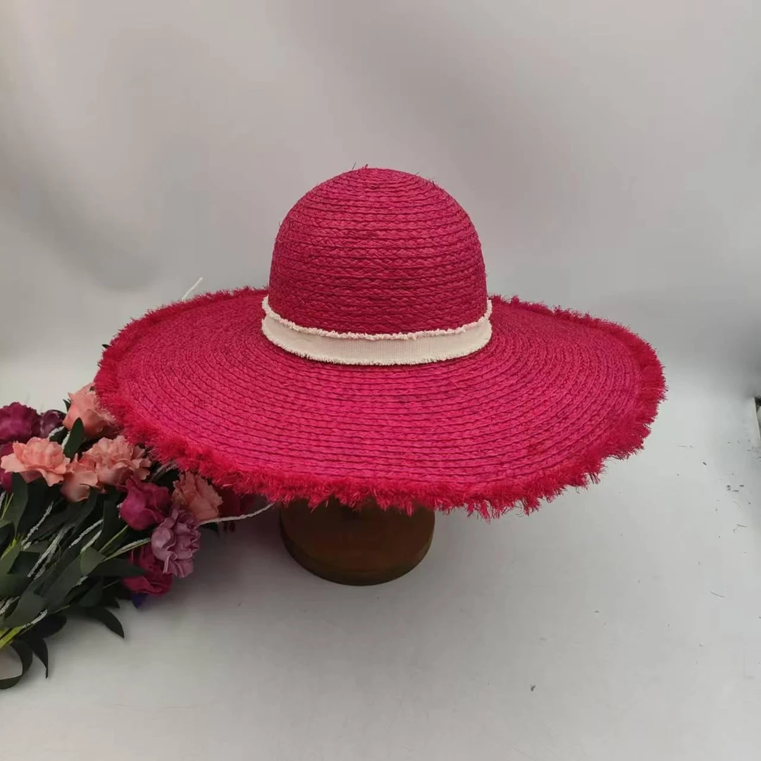 拉菲草辫刷毛大沿帽帽子