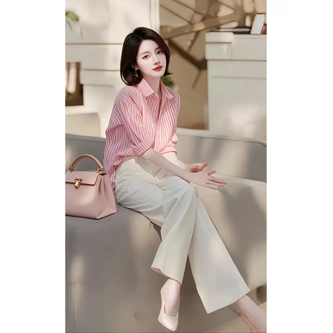 小众设计感气质韩版御姐初秋新款时髦减龄条纹衬衫长裤两件套女装