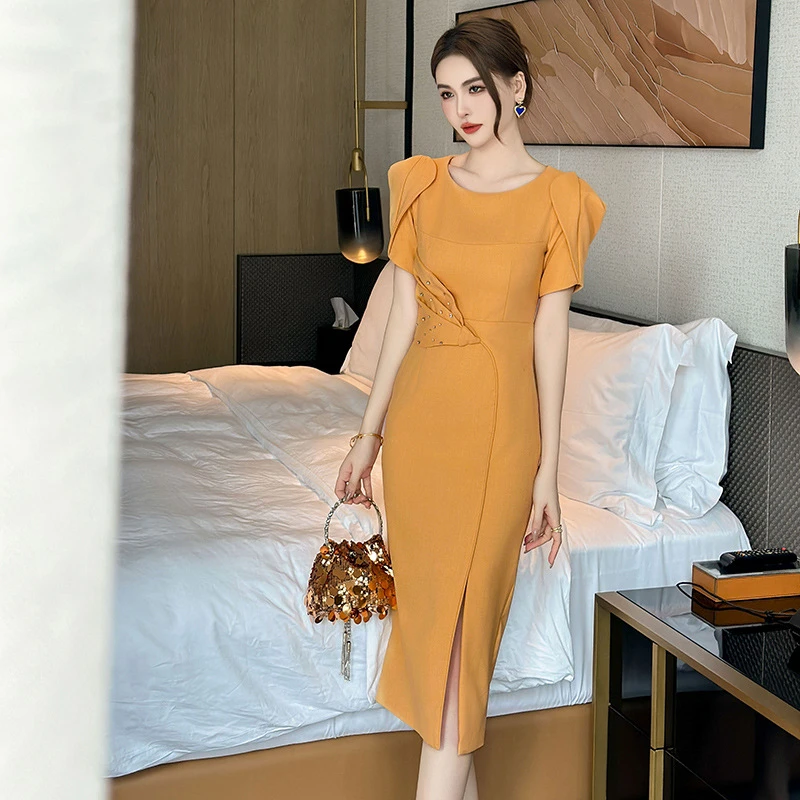 50882原创设计镶钻泡泡袖正式场合包臀连衣裙