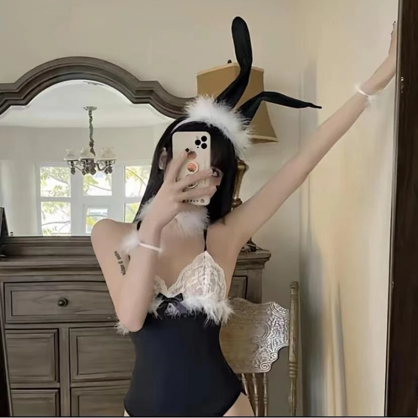 【秘尤 kiss U】纯欲黑色性感甜妹吊带连体睡衣蕾丝毛绒修身显瘦