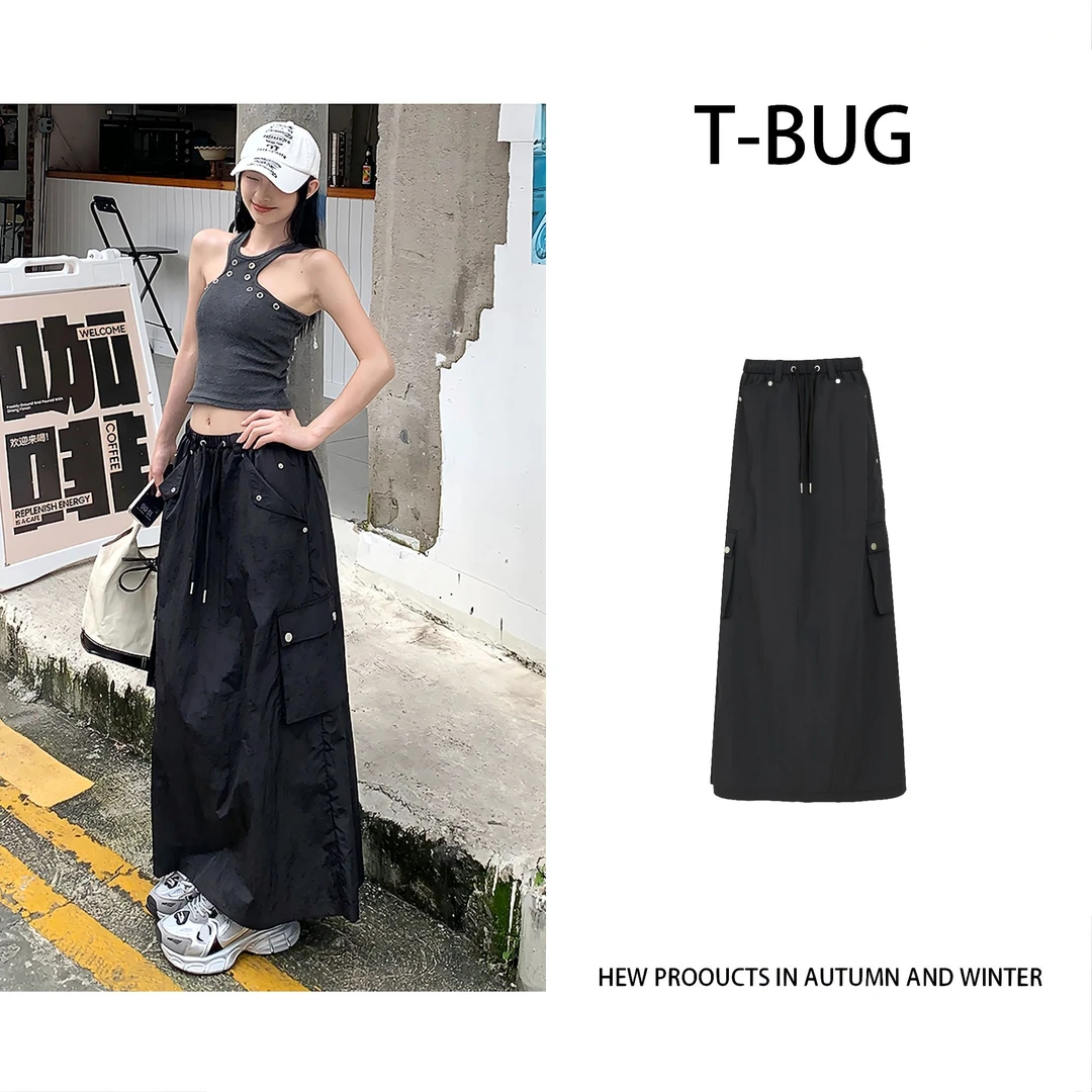 T-BUG【秋日氛围】美式多口袋抽绳设计不规则松紧腰半身裙高腰A字裙