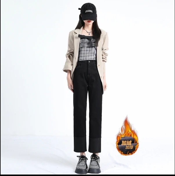 T-BUG直筒烟管八分开叉牛仔裤女百搭弹力加绒显瘦韩版高腰新款