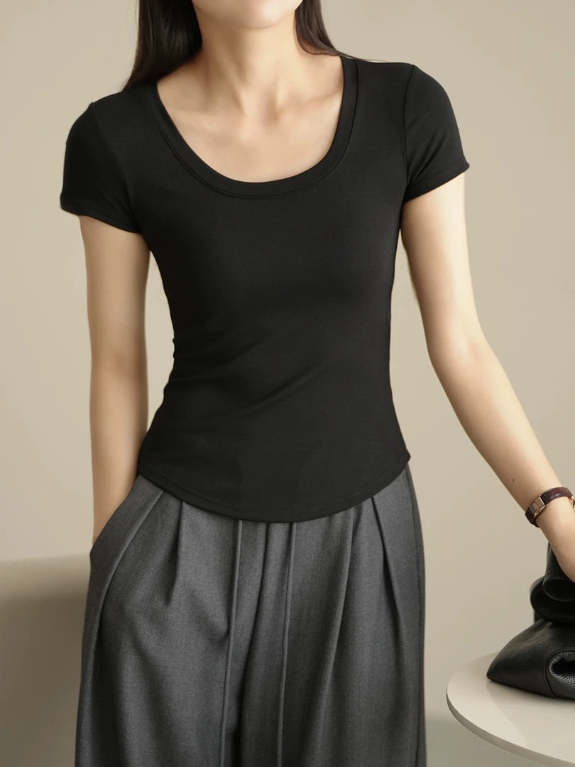 【ED studio】春夏修身圆领纯色简约休闲百搭显瘦带罩杯T恤&A6162