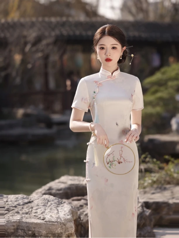 2024夏季新款荷塘月色气质白色中国风旗袍中长款双层修身复古日常