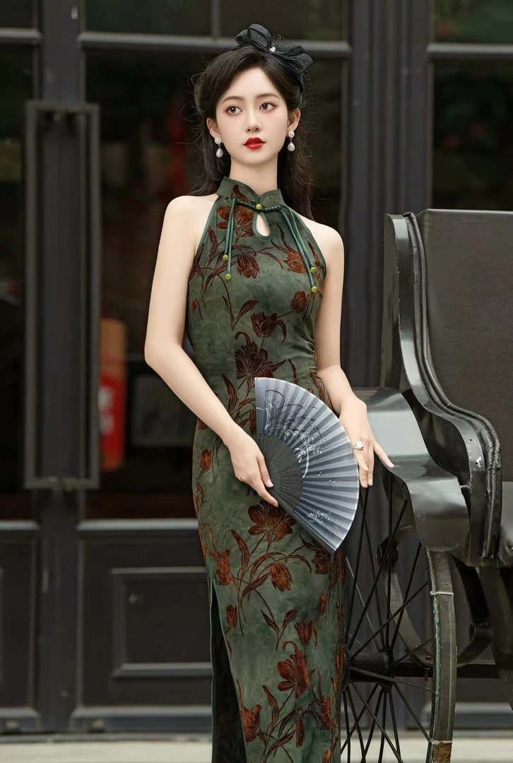 Zl-xrh88挂脖气质优雅高弹力旗袍复古少女显瘦