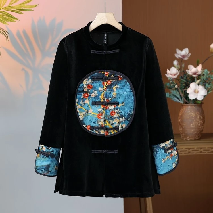 妈妈装复古新中式金丝绒中国风新款立领盘扣唐装拼接时尚打底衫