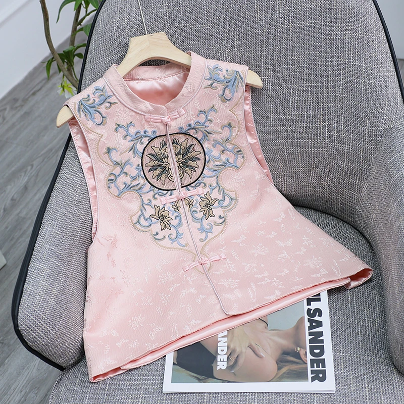 新中式马甲女春季款重工刺绣坎肩粉色提花马夹民族风无袖上衣国潮