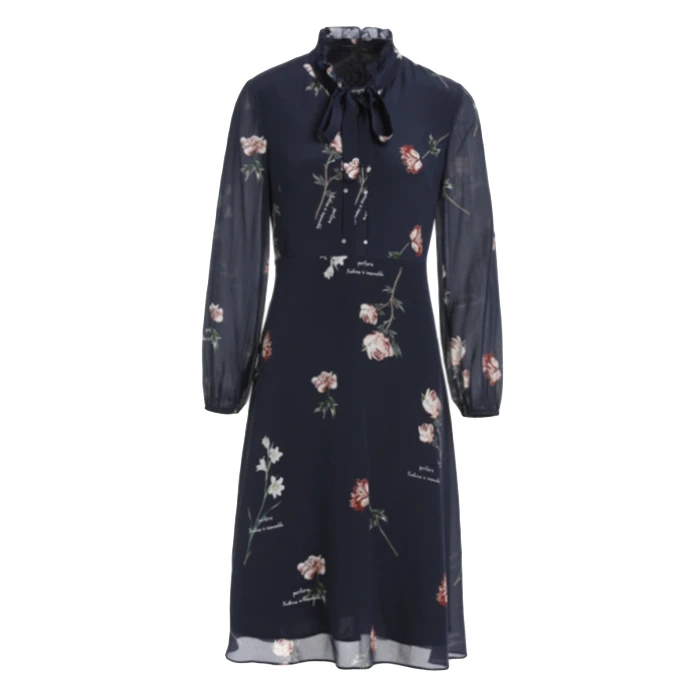 春季新款时尚百搭休闲花苞领收腰显瘦长袖女装连衣裙LBA85076S