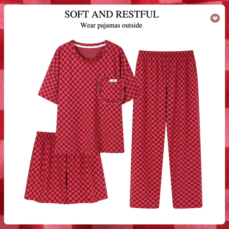 [拍一发三]日系格子睡衣女夏季短袖短裤长裤三件套可爱甜美家居服