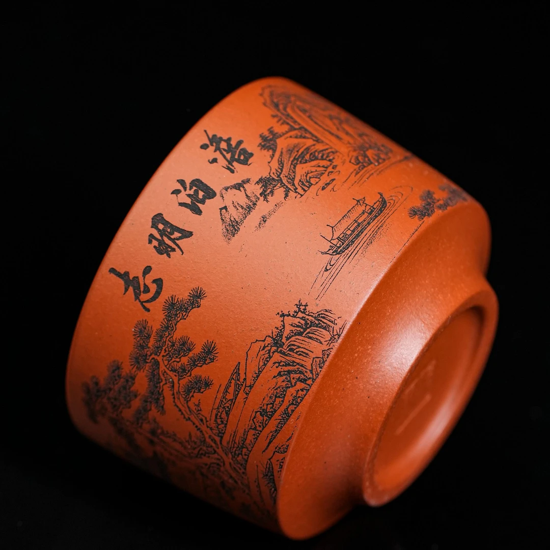 034淡泊明志山水满刻绘降坡泥主人杯