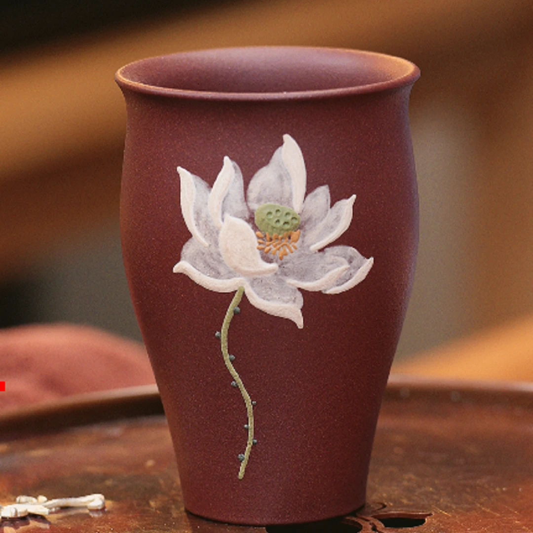 Y021紫泥全手工荷花泥绘主人杯