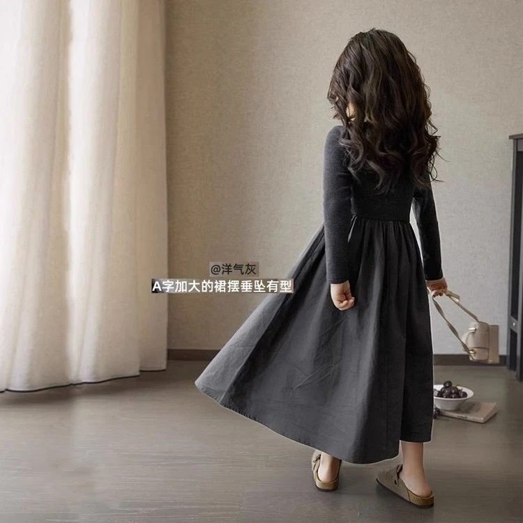 女童秋装洋气针织连衣裙2023春秋季新款儿童时髦拼接文艺长款裙子