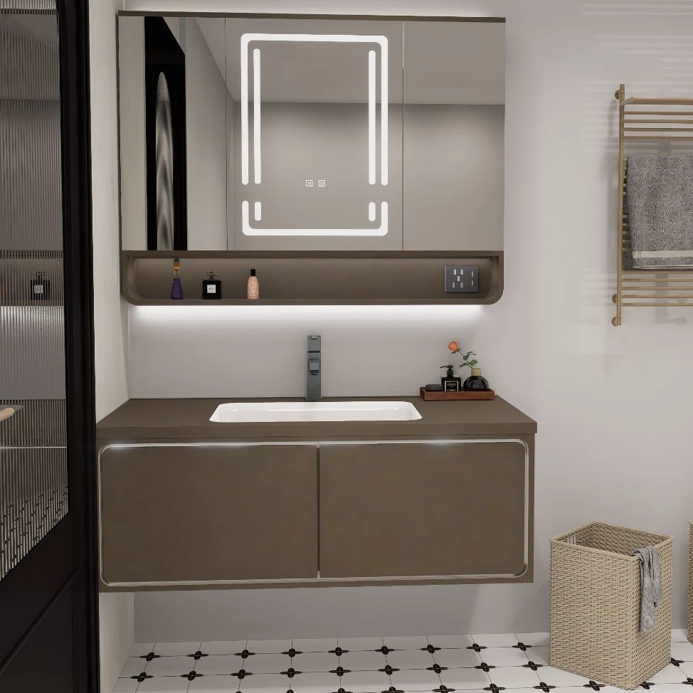 风水橡木浴室柜折叠隐藏式镜岩板陶瓷无缝盆洗漱台洗脸盆柜组合