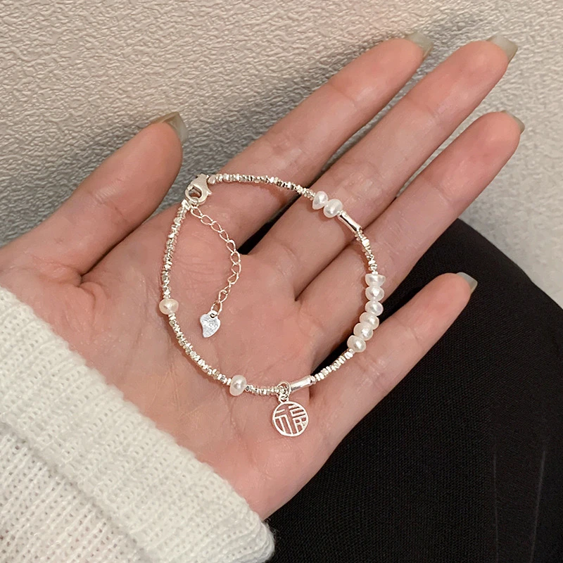 铜合金仿珍珠手链 碎银珠珠镂空福字手链女生百搭迷你手工气质ins