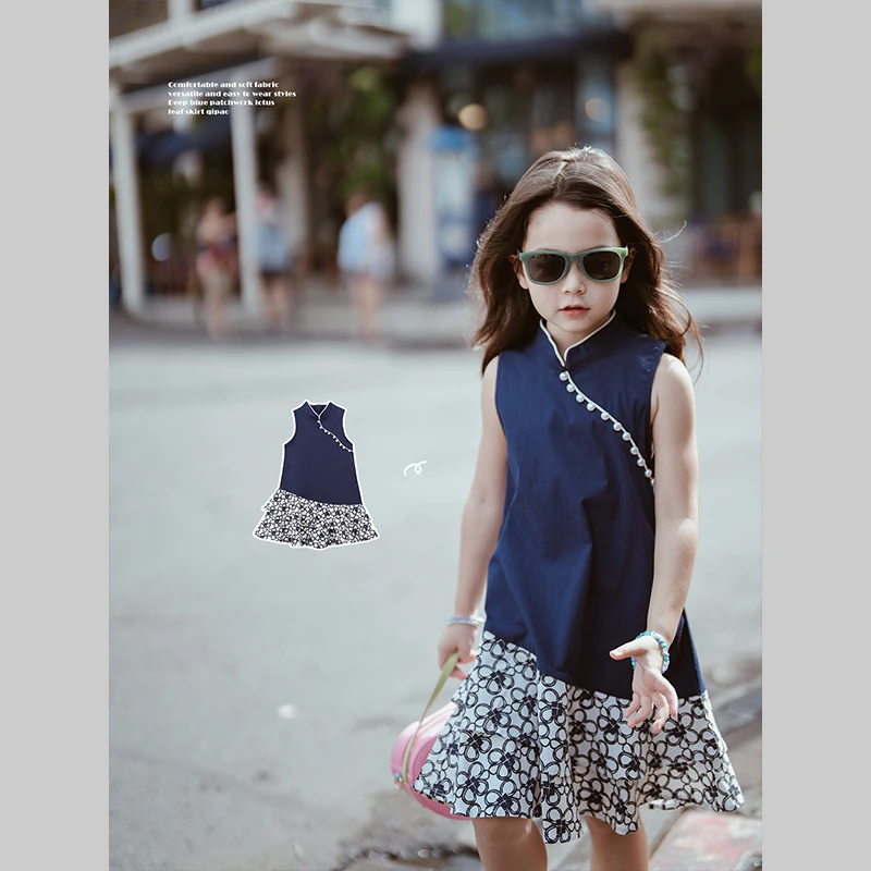 史豌豆女童2024夏季新款深蓝色拼接荷叶裙摆旗袍 Y3615