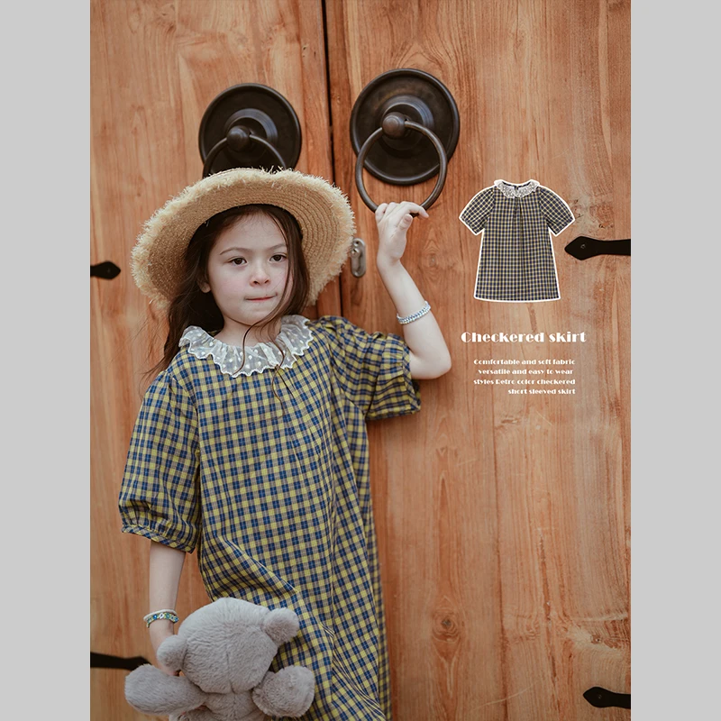 史豌豆女童2024夏季新款复古色格纹短袖裙 Y3067