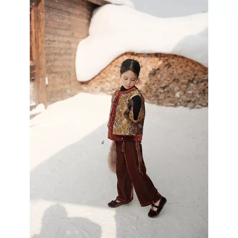 史豌豆女童中式南瓜棕丝绒加厚直筒裤 K1863