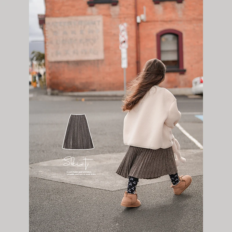 史豌豆女童棕色调呢百褶半裙K1540