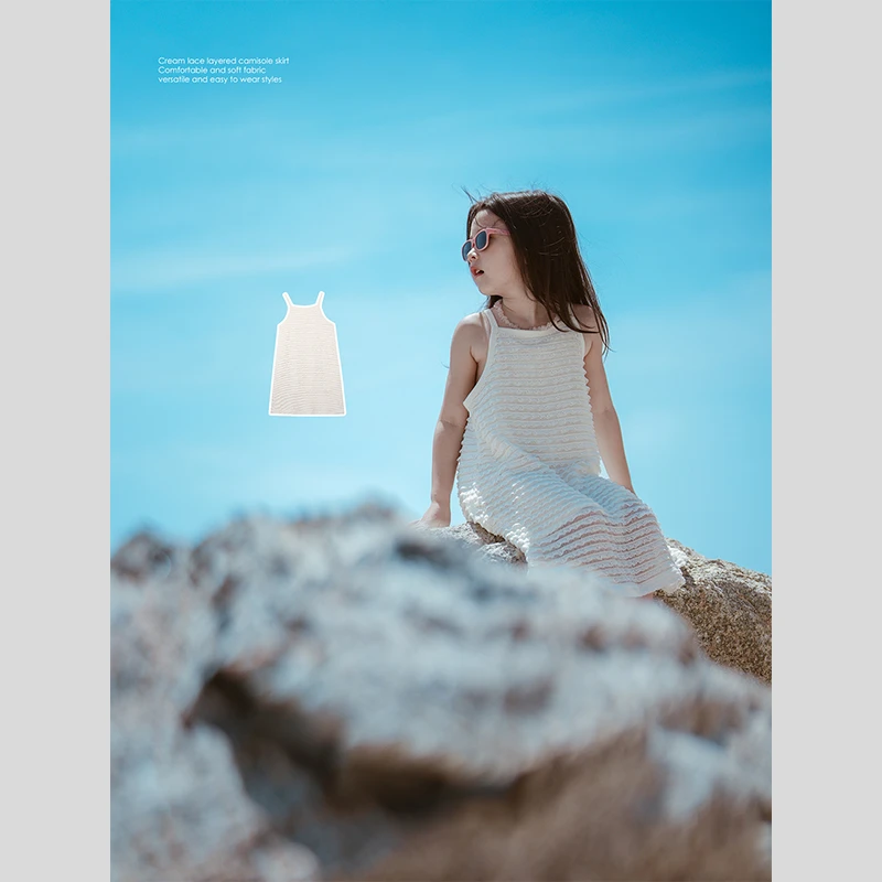 史豌豆女童 奶油蕾丝千层吊带裙 Y3045