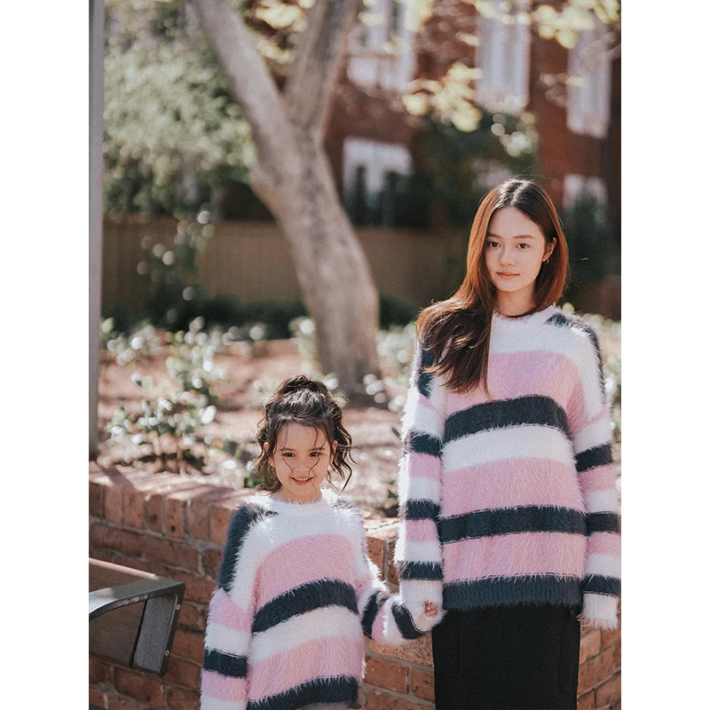 PISELLI史豌豆女童灰粉条纹毛衣 Y3541