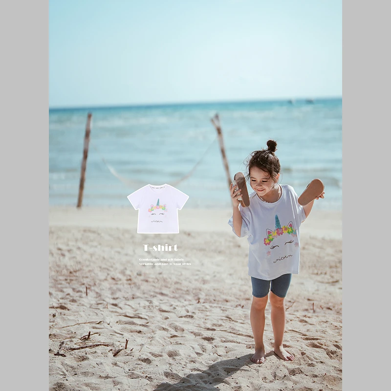 史豌豆女童 独角兽珠片白T Y3421