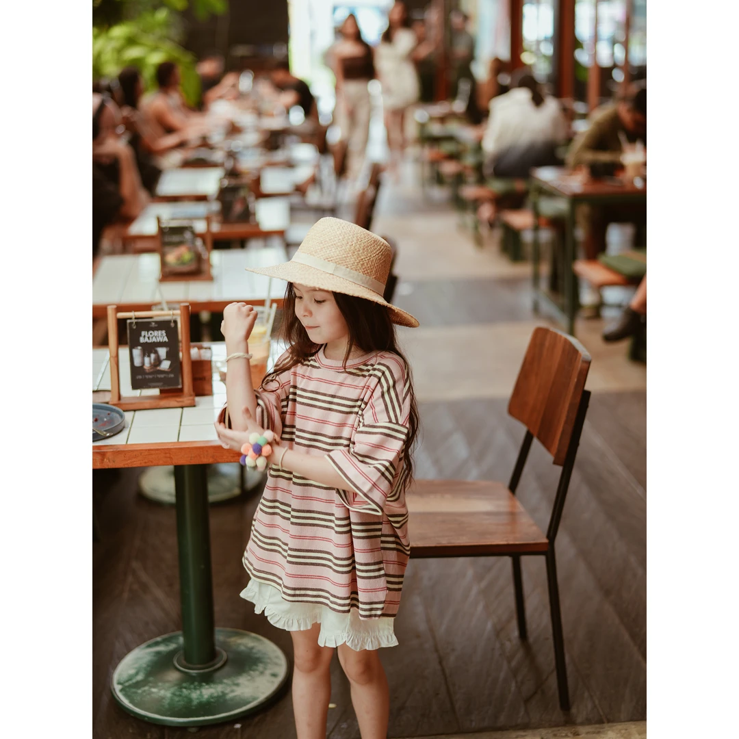 史豌豆女童2024夏季新款粉调高密度大弹力宽松条纹T Y3516