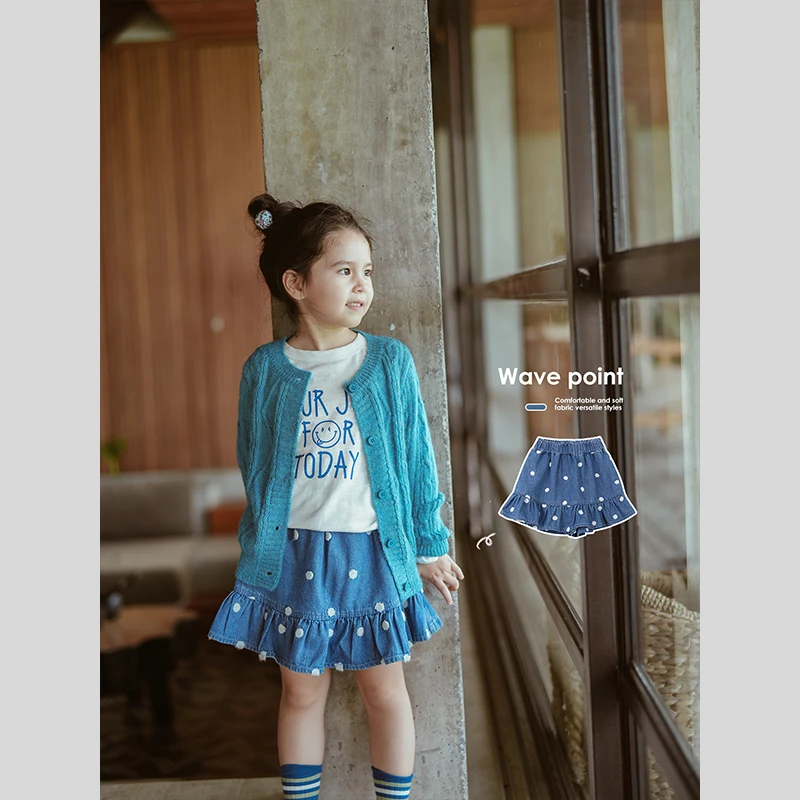 史豌豆女童2024夏季新款毛巾绣波点牛仔裙裤 K1534