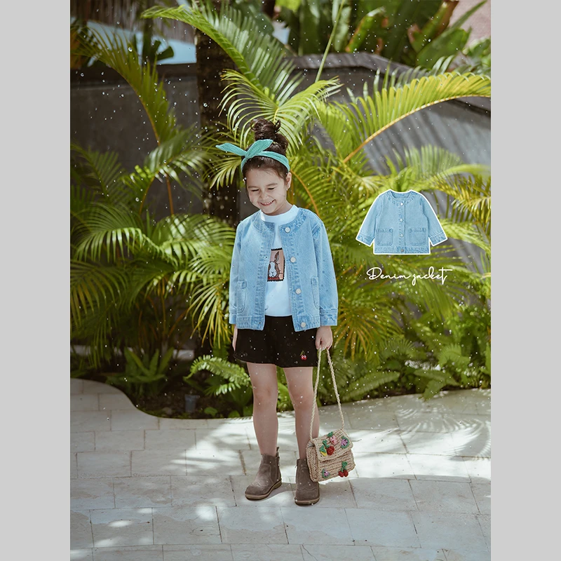 史豌豆女童2024春季新款复古浅色圆领牛仔外套 Q903