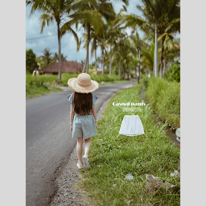 史豌豆女童2024夏季新款灰蓝格子五分裤 K1501