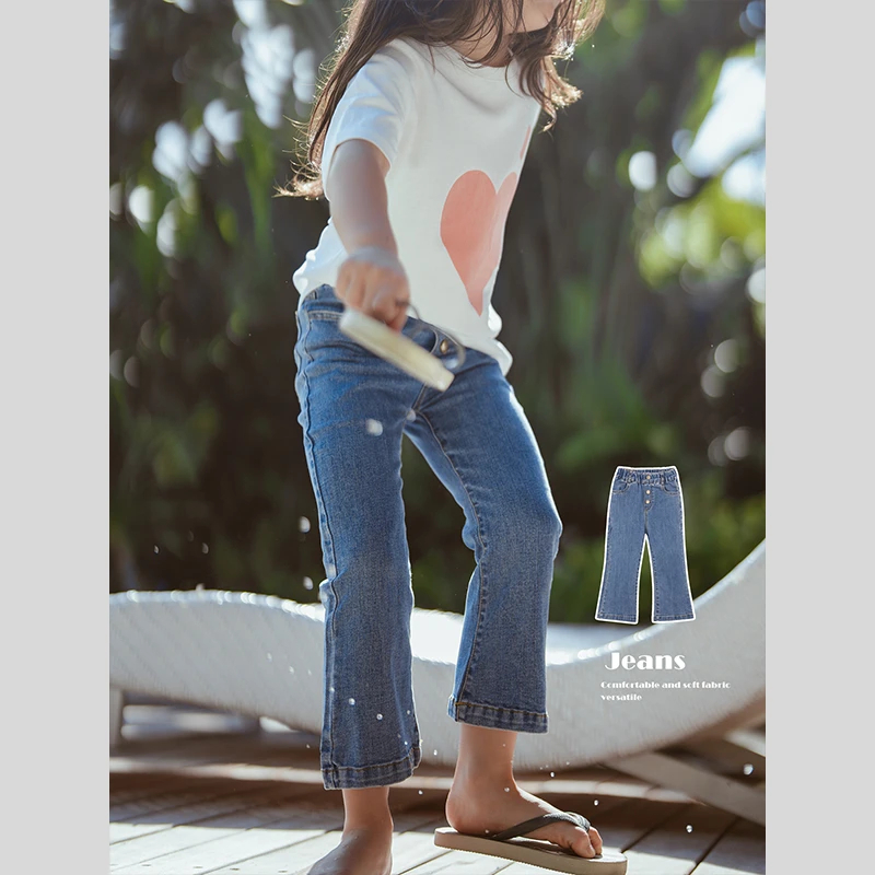 史豌豆女童2024春夏新款高腰牛仔微喇裤 K1433