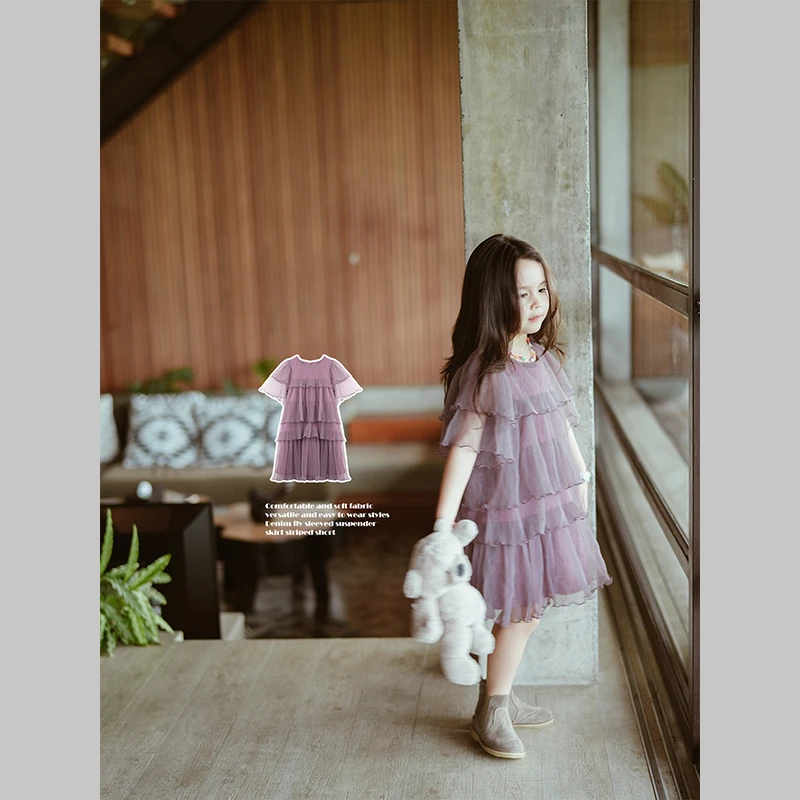史豌豆女童2024夏季新款暗紫色百褶纱连衣裙Y2724