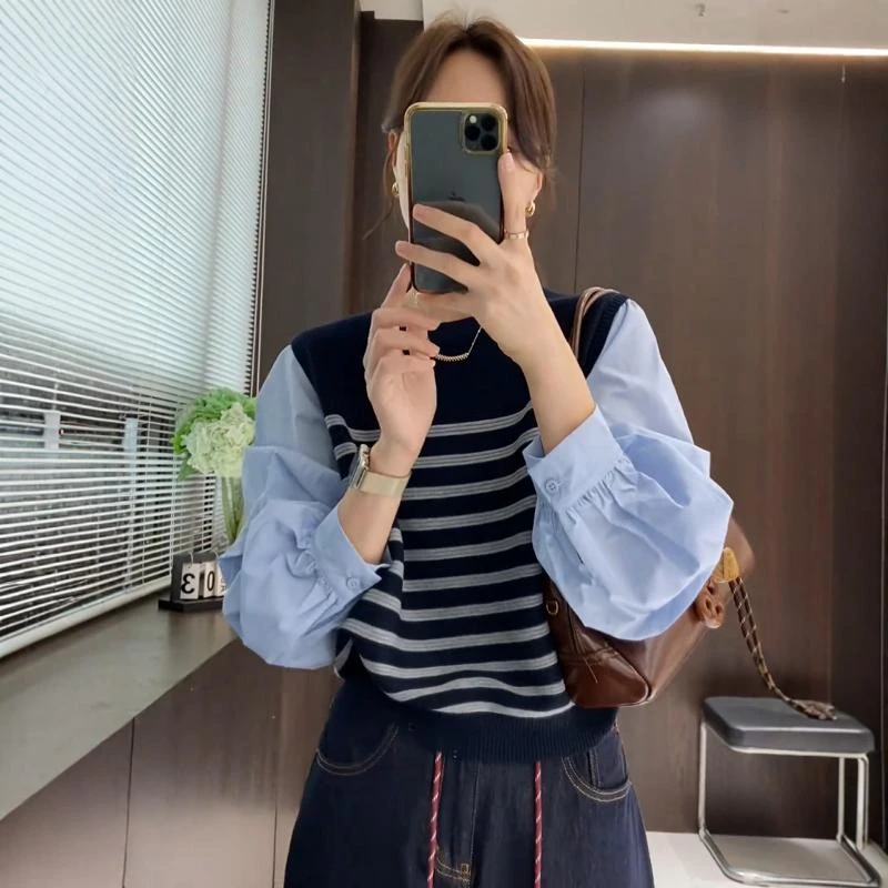 撞色假两件拼接条纹衬衫针织衫女2024秋新款时尚减龄叠穿衬衣上衣