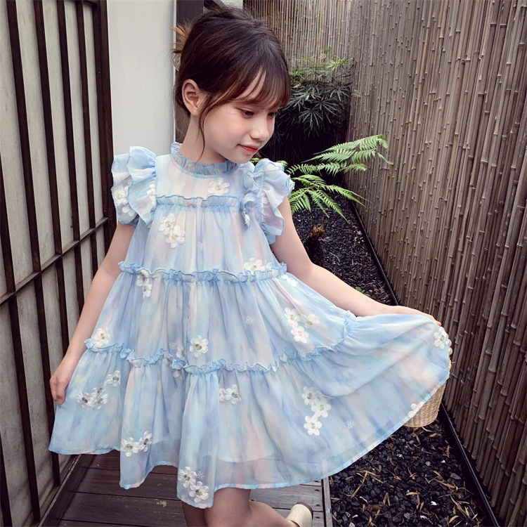 女童背心裙夏装2024新款洋气儿童碎花雪纺公主裙女孩荷叶袖连衣裙