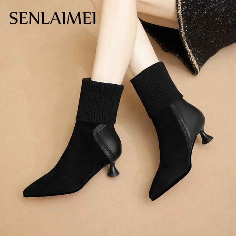 羊皮/秋冬新款气质百搭酒杯跟尖头反绒女靴3805