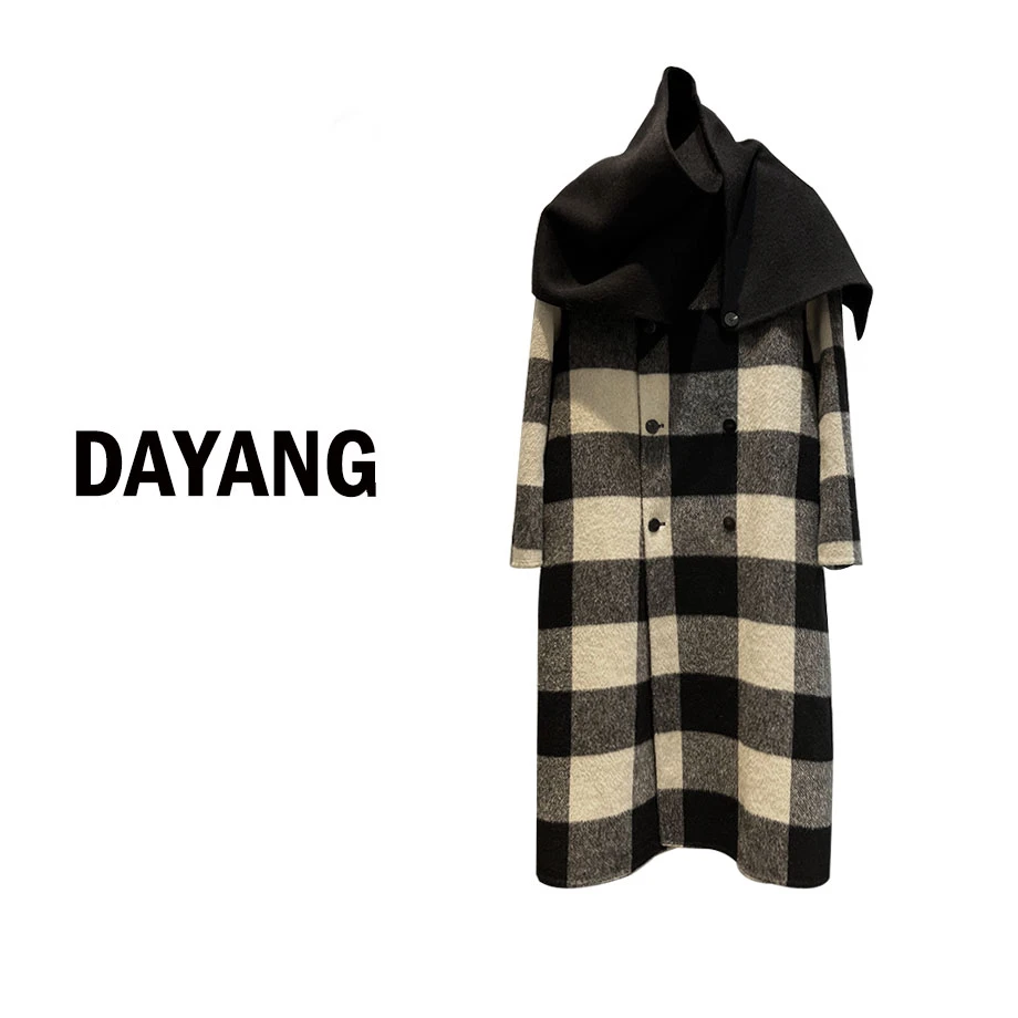 【Dayang】“方格子”经典方格子中长款毛呢外套