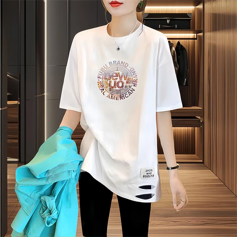 新款短袖t恤女夏天2024宽松95%棉潮牌网红中长款遮臀港风上衣半袖
