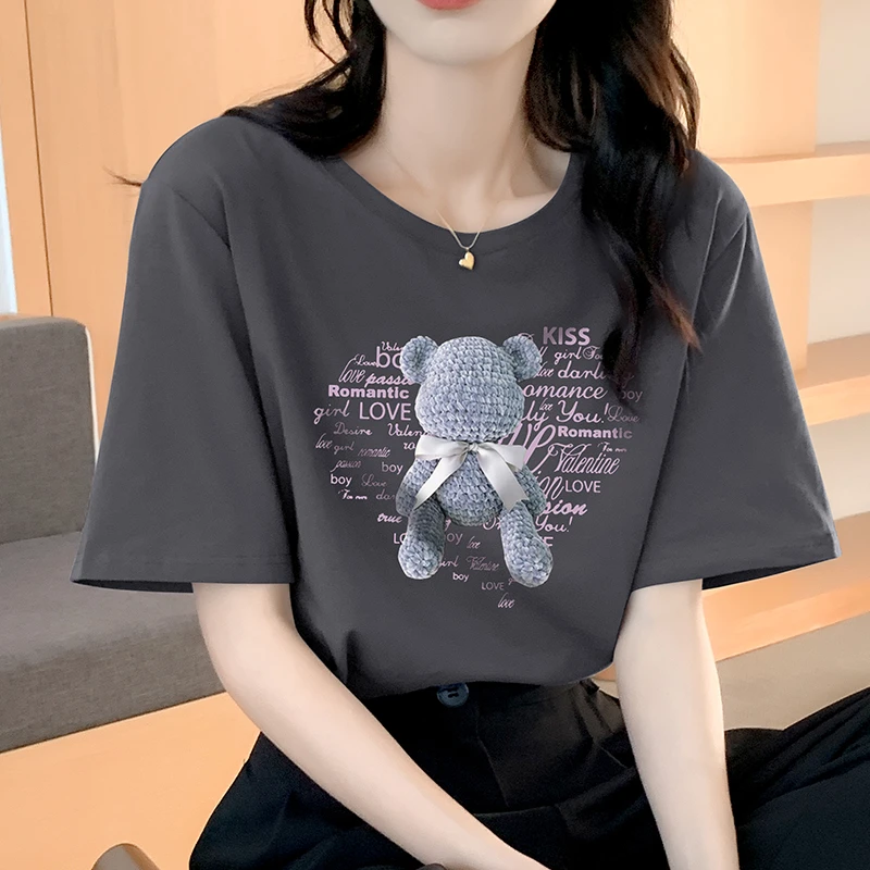 夏装短袖t恤女棉小熊正肩美式复古上衣2024年新款独特设计体恤