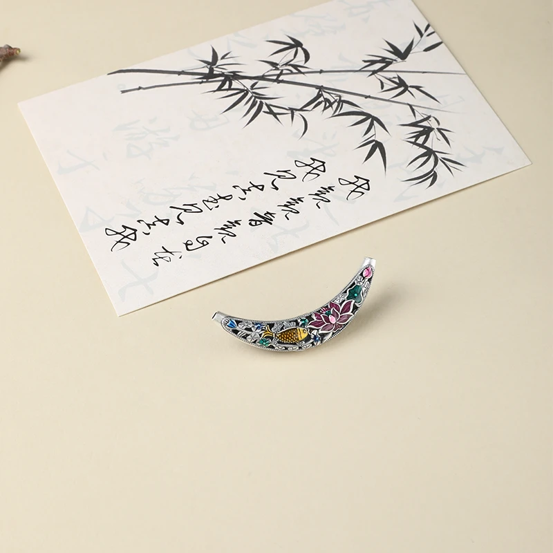 炙真银楼 吊坠足银 珐琅彩锦鲤莲花弯管银制吊坠复古彩色民族风