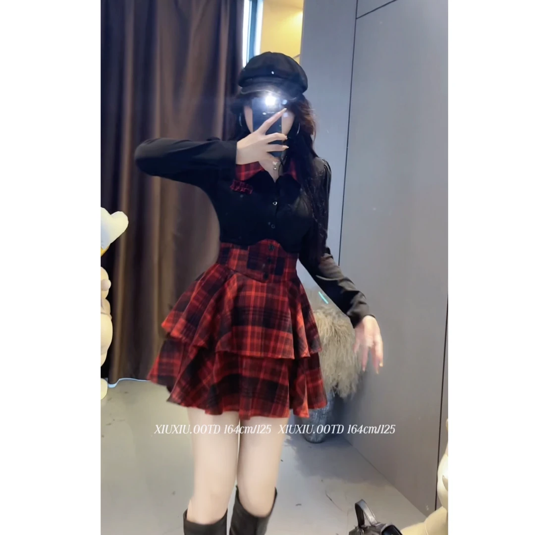 【卡布奇诺】7506微胖mm纯欲风JK制服收腰修身衬衫上衣格子高腰短裙