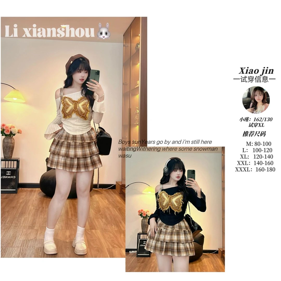 【杏仁奶栗】6799/6801微胖mm早秋美拉德辣妹上衣扎染蝴蝶露肩长袖