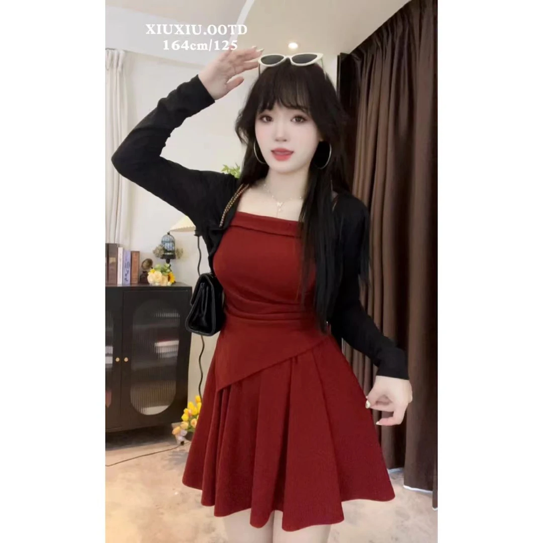 【薄雾少女】6770+6150微胖纯欲显瘦套装斜摆吊带上衣半身短裙套装