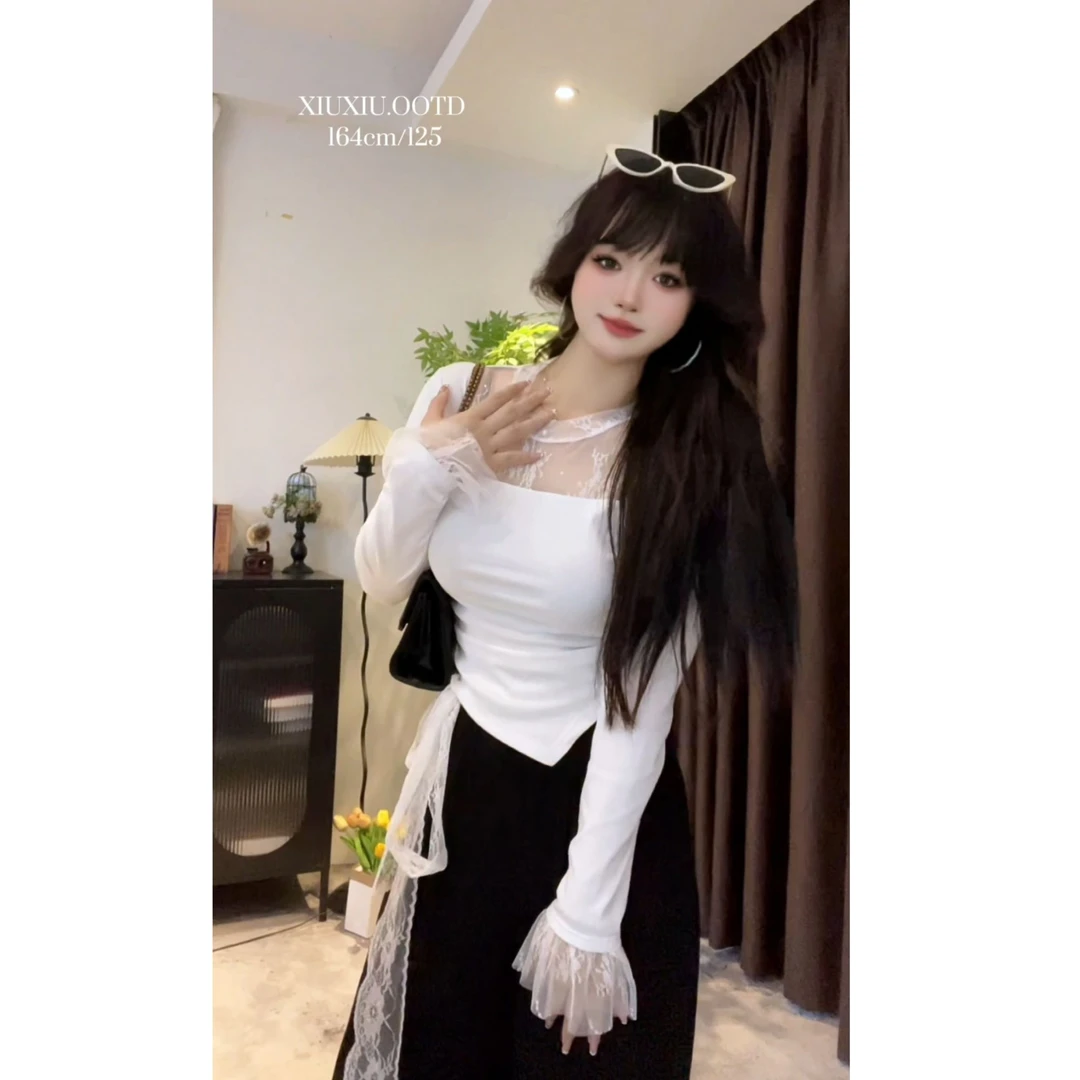 【娇韵佳人】7230秋款法式气质蕾丝拼接T恤显瘦不规则百搭上衣裤子