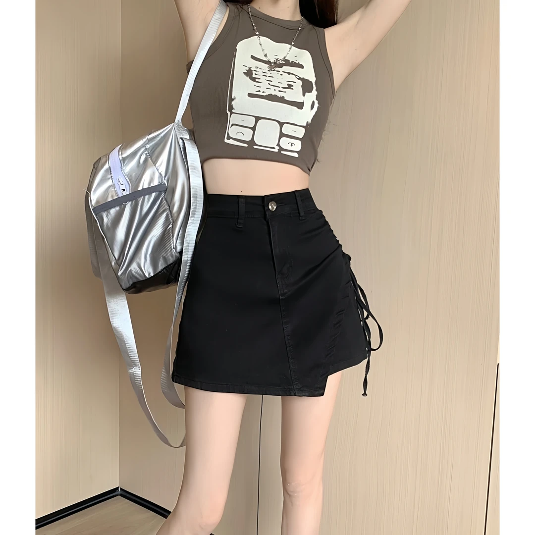 3788微胖mm2024春夏季新款显瘦时尚高腰设计感百搭A字半身裙