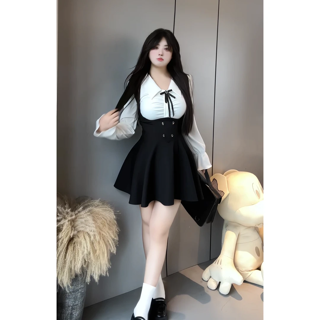 【在逃学姐】7399微胖学院风秋冬辣妹显瘦衬衫收腰背带鱼骨裙